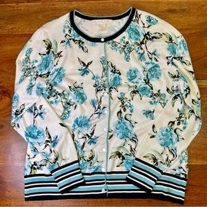 Emaline L Cardigan Sweater White Blue Flowers